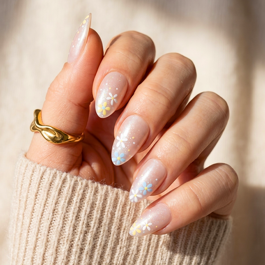 Sheer glittery nude press-on nails with white and blue daisy flower accents