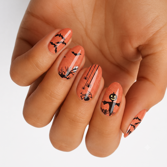 Orange shimmer nail wraps with black bats, spiders, moon, and scarecrow Halloween designs