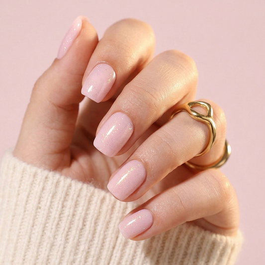 Soft pink glitter square press-on nails with shimmer finish on hand with gold rings