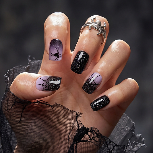 Glossy black glitter and lavender press-on nails with spider and web Halloween design