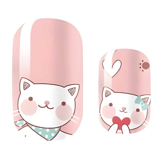 Pink kids nail wraps featuring cute white cat characters with hearts for children's manicures