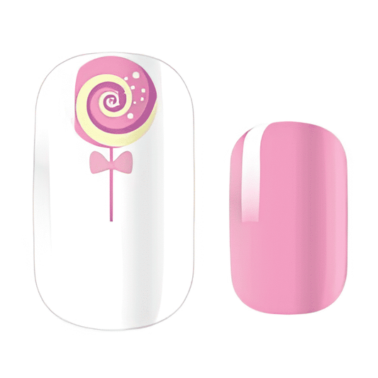 Pink nail wrap with colourful lollipop design for children's manicures