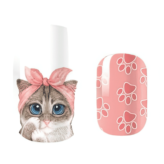 Pink cat nail wraps for kids featuring adorable kitten face and paw print designs