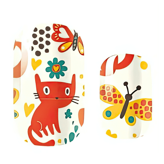 Colourful kids nail wraps featuring cute orange cats, butterflies and floral patterns