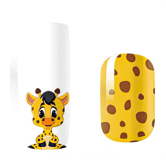 Yellow giraffe cartoon character with brown spots next to matching kids nail wrap design