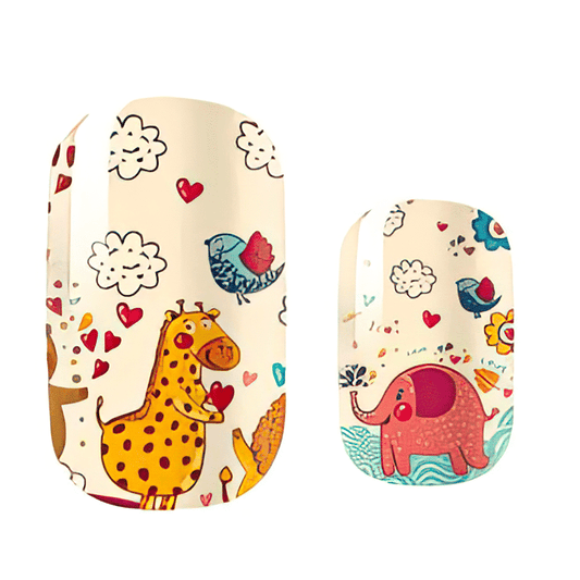 Colourful safari animal kids nail wraps featuring giraffe and elephant cartoon designs