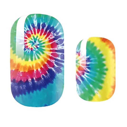 Colourful tie-dye spiral kids nail wraps with rainbow swirl pattern for children