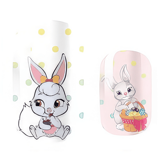 Cute bunny cartoon kids nail wraps with pastel colours and polka dots for Easter