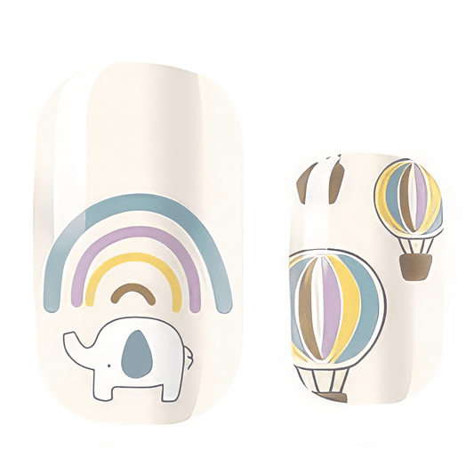 Kids nail wraps featuring pastel rainbow hot air balloons and elephants design