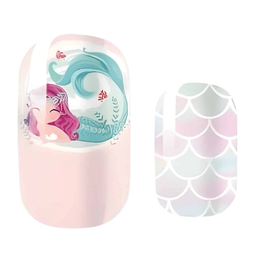 Mermaid themed kids nail wraps featuring pink unicorn mermaid design with teal scales pattern