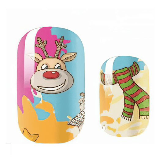Kids nail wraps with Christmas reindeer and Santa cartoon designs in bright multicoloured festive patterns