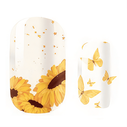 Kids nail wraps with yellow sunflowers butterflies on white background Mini Me design