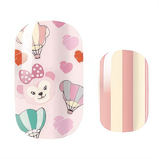 Cute teddy bear kids nail wraps with pink hearts balloons and pastel stripes for children