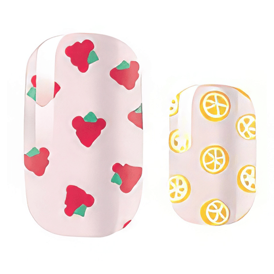 Tutti frutti kids nail wraps with strawberry and lemon patterns on pink base