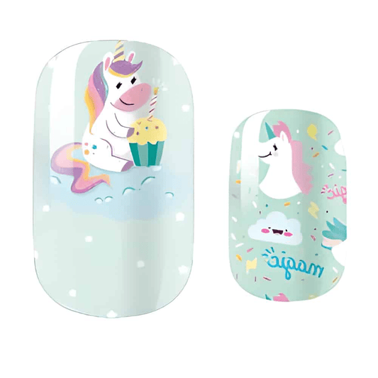 Mint green kids nail wraps featuring cute unicorn with rainbow mane and cupcake design