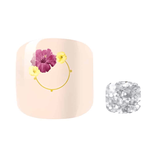 Nude gel nail wraps with purple flowers and silver glitter pedicure design