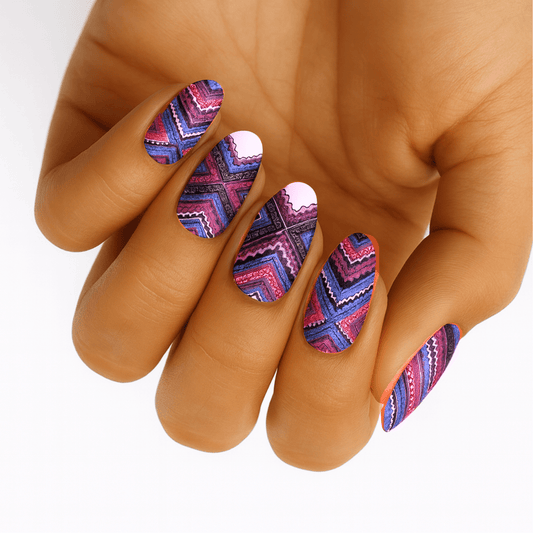 Purple blue chevron geometric nail wraps applied on hand manicure