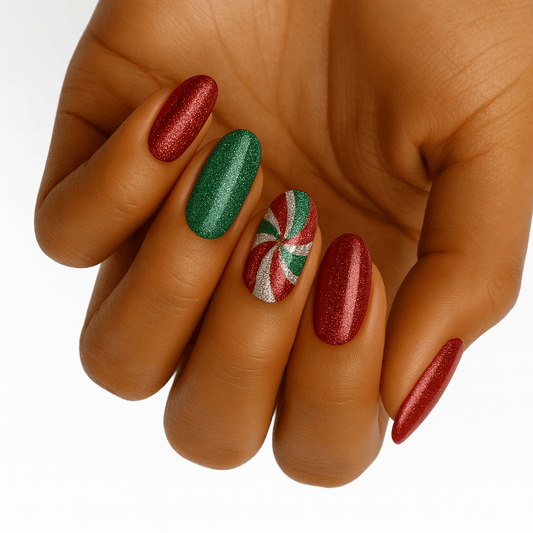 Christmas nail wraps on hand featuring red glitter, green shimmer and candy cane designs