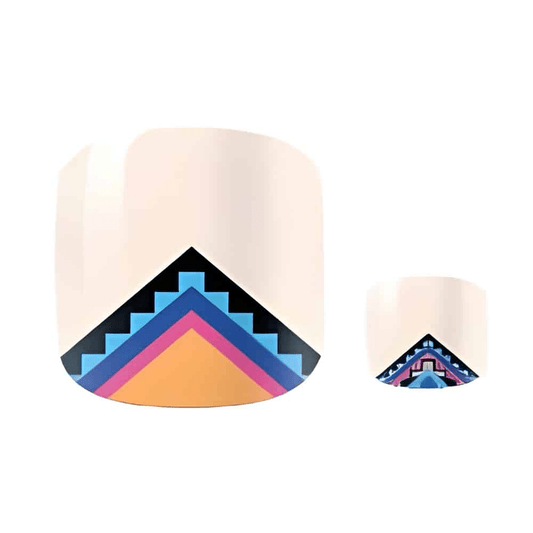 Colourful geometric Aztec pattern pedicure wraps in blue orange pink on nude background