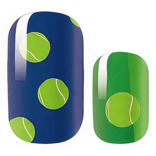 Blue and green nail wraps with tennis ball pattern for sports manicure