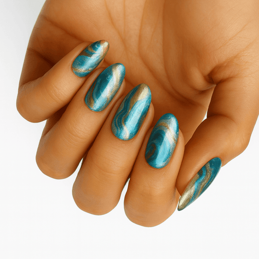 Hand wearing turquoise chrome nail wraps with metallic finish showing glamorous gel nail art design