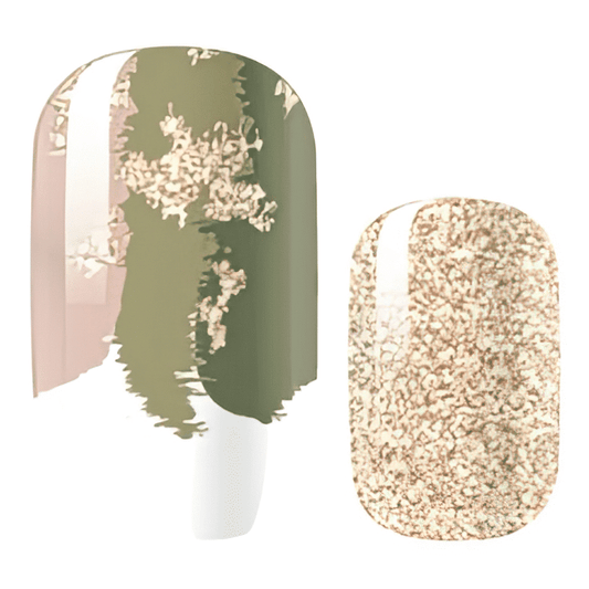 Green and gold textured nail wraps with abstract marble pattern design