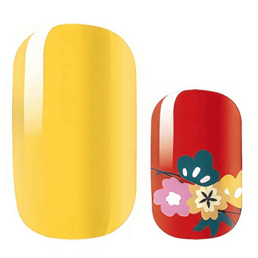 Yellow glossy and red floral nail wraps with colourful flower patterns