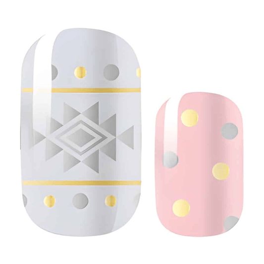Grey Aztec pattern and pink polka dot nail wraps with geometric designs
