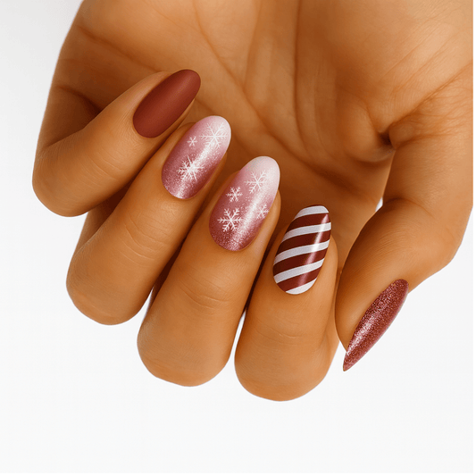 Christmas nail art featuring burgundy glitter, pink ombre and white striped gel nail wraps