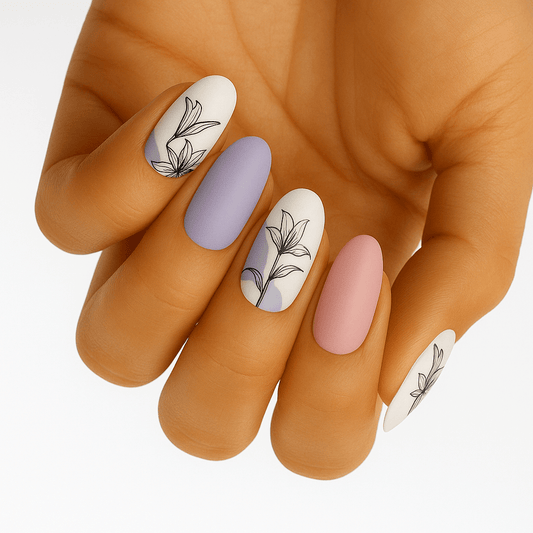 Floral nail wraps in pink and blue with botanical line art on hand manicure
