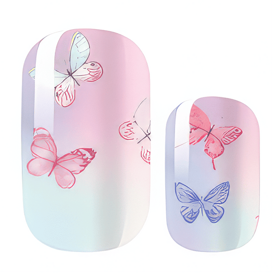 Pink and blue gradient nail wraps with butterfly pattern for spring nail art