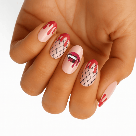 Red gothic nail art on hand featuring fishnet pattern vampire fangs blood drip design