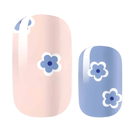 Pink and blue floral gel nail wraps with daisy pattern for spring manicure