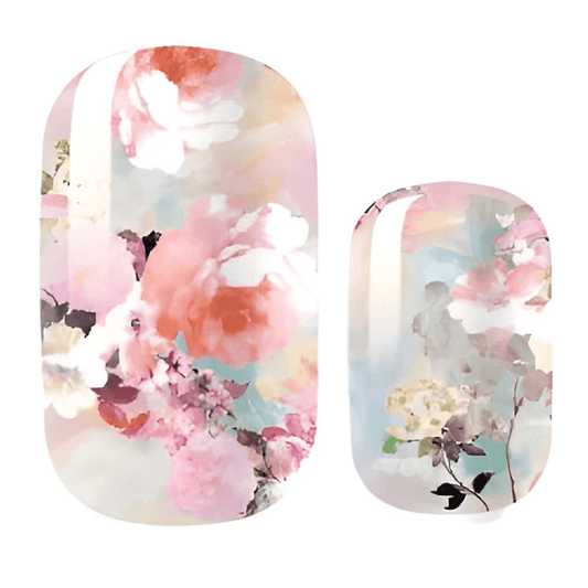 Watercolor floral nail wraps with pink blossoms and leaves for spring manicure design