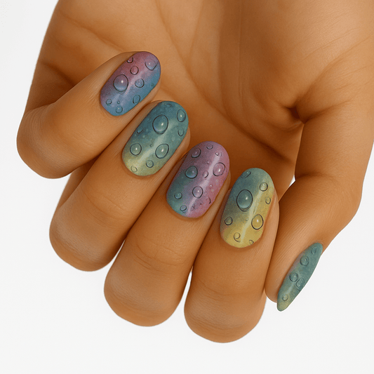 Rainbow bubble pattern gel nail wraps on hand with gradient colours