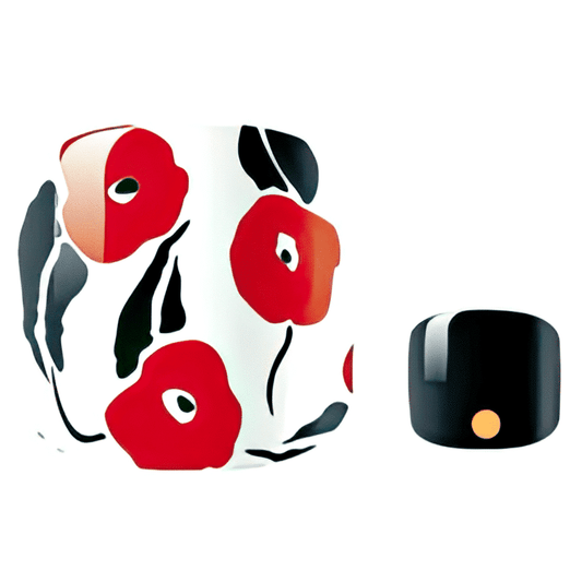 Red camellia floral pattern pedicure nail wraps with black leaves on white background