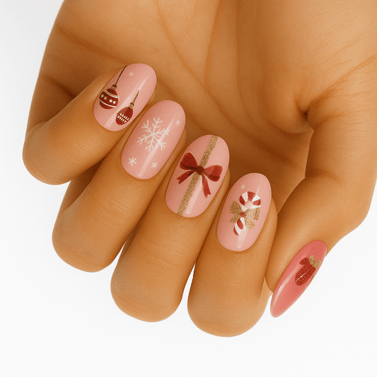Pink Christmas nail wraps with candy cane and ribbon designs on hand