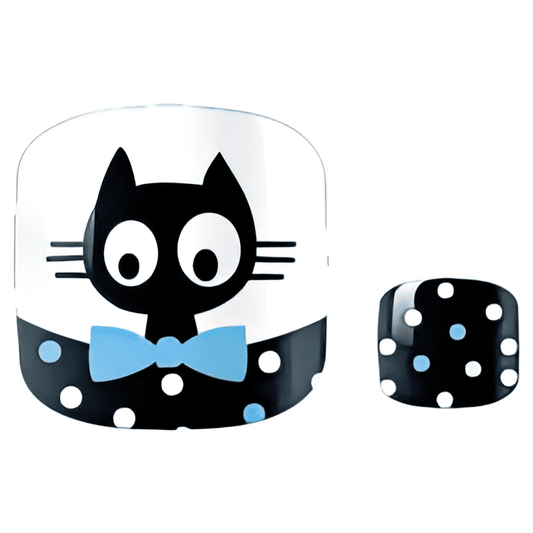 Black cat cartoon pedicure nail wraps with blue bow tie and white polka dots