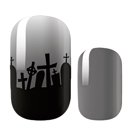 Gothic cemetery design nail wraps in grey with black graveyard silhouettes