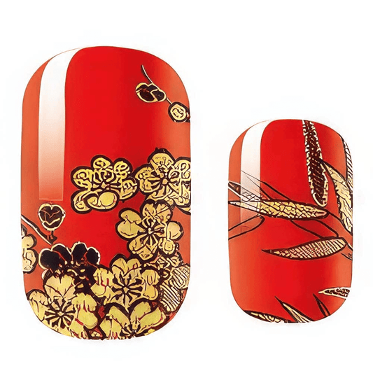 Red nail wraps with gold chinoiserie floral pattern non-UV manicure design