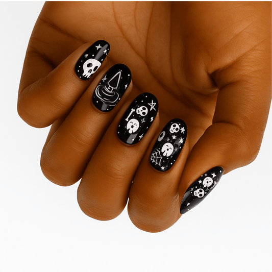 Black gothic nail wraps with white skulls and bones on hand manicure