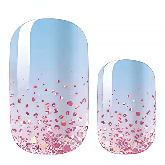 Blue to pink gradient nail wraps with multicoloured confetti glitter pattern