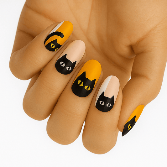 Halloween cat nail wraps orange black design with yellow eyes on hand