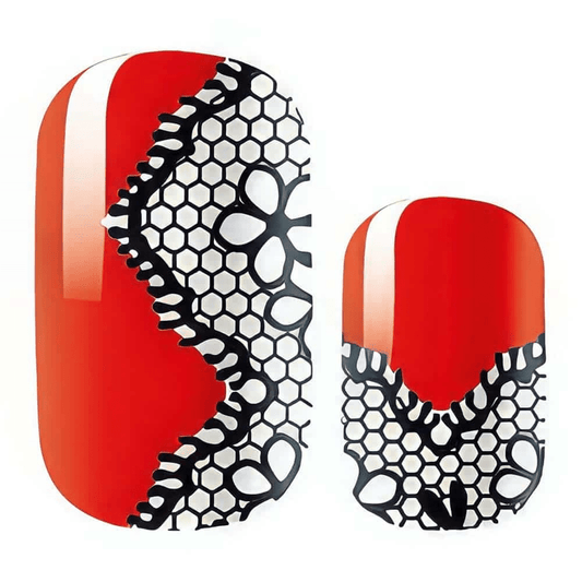 Red and black lace pattern nail wraps with intricate corded design
