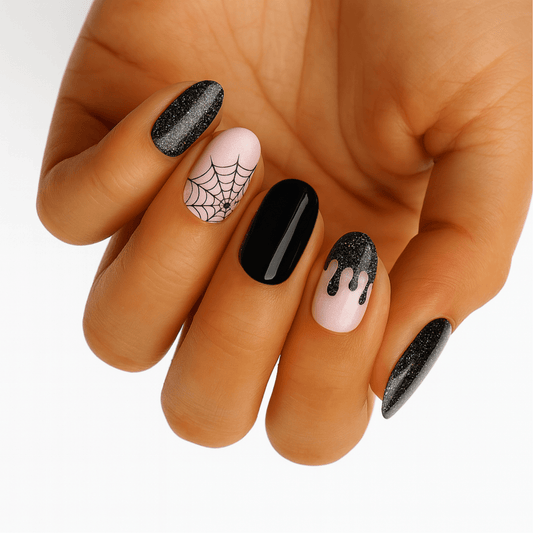 Halloween nail wraps on hand featuring black glitter, pink spider web and drip designs