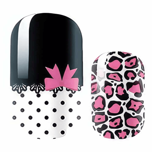Black and white polka dot nail wraps with pink leopard print design for nail art