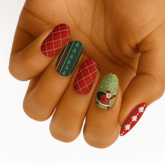 Christmas nail wraps on hand featuring red diamond pattern and green Santa designs