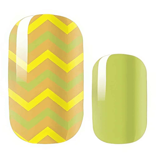 Yellow chevron pattern nail wraps with geometric ombré design for retro manicure
