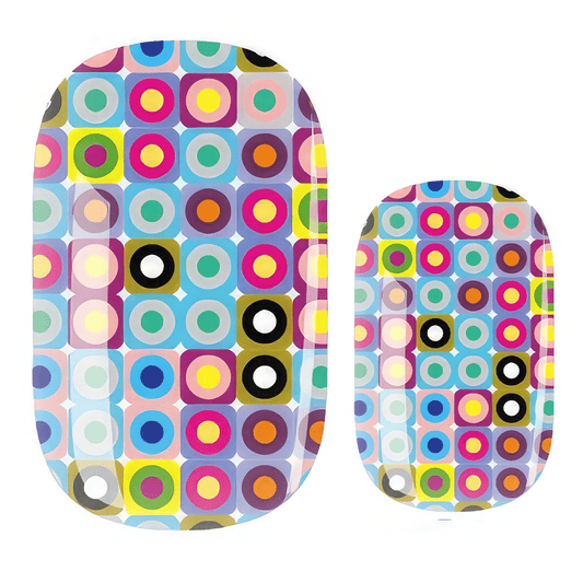 Multicoloured geometric nail wraps with retro circle pattern in bright rainbow colours