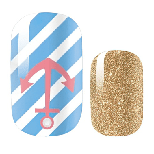 Non-UV nail wraps featuring blue striped anchor pattern and gold glitter design